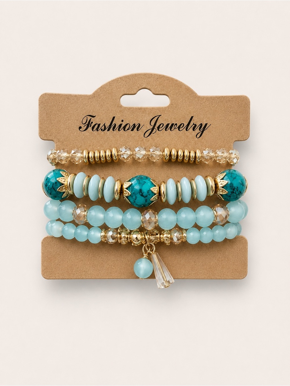 Turquoise & Gold Layered Beaded Bracelet Stack - Women Jewelry - Picture 3 of 5